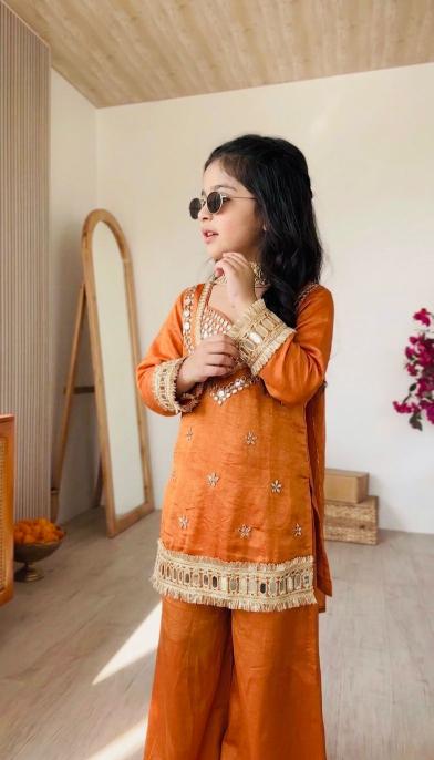 Kids Ethnic Wear Fendy Silk Orange Surat kids wear manufacturers
